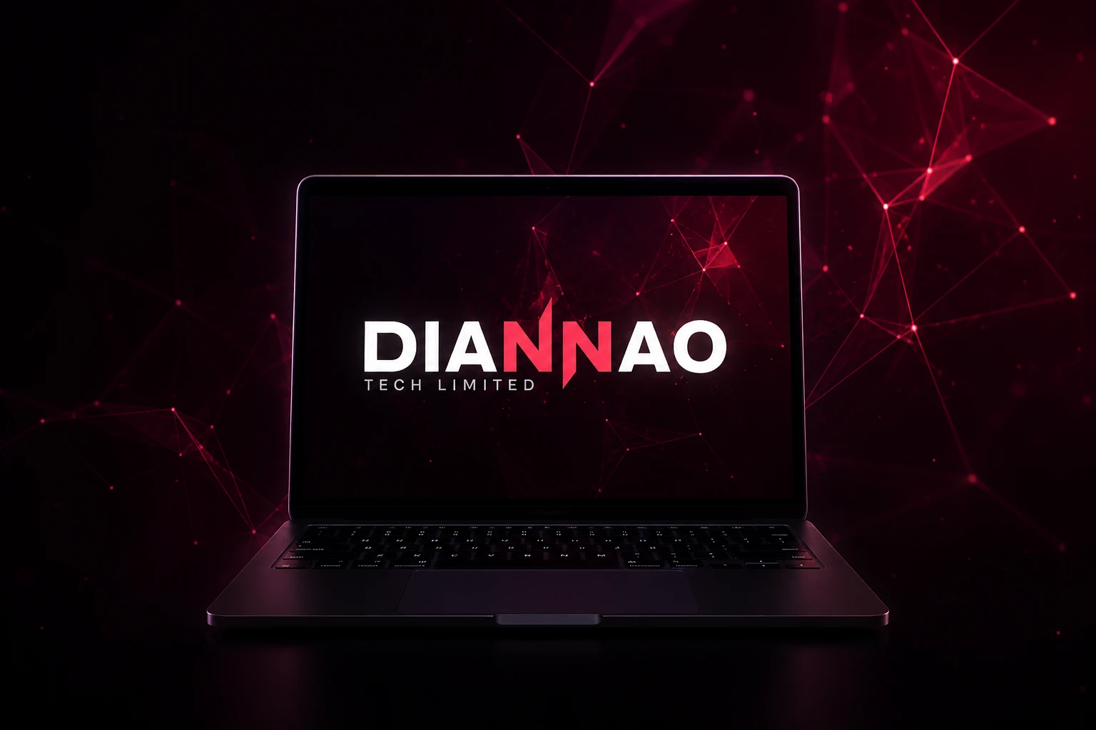DiannaoTech brand displayed on a laptop in a red digital network